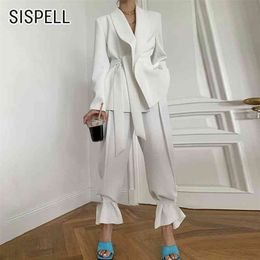 SISPELL Conjunto de mujer Cuello de solapa Manga larga Cinturón suelto Blazer Abrigo Pantalones de cintura alta Piernas Pantalones ajustables para mujer Conjunto casual 210331