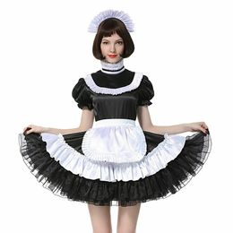 Sissy French Maid Afsluitbaar Zwart Satijnen Jurk Kostuum Crossdress Geplooid Style249r