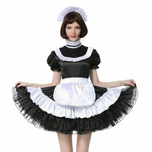 Sissy French Maid Afsluitbare Zwarte Satijnen Jurk Kostuum Crossdress Geplooide Style301W