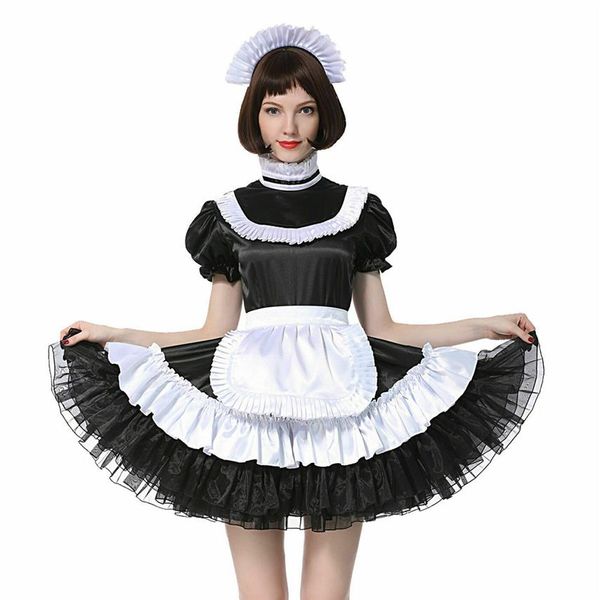 Sissy French Maid vestido de satén negro con cerradura disfraz Crossdress plisado Style197v