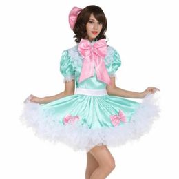 Sissy Girl Lockable Maid Bow Dress Disfraz Satén Puffy Crossdress Transgénero Disfraz para Animación Exhibición Beach Holiday Sexy 236S