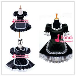 Sissy Maid Noir Satin Uniforme Verrouillable Robe Cosplay Costume pour Animation Exposition Plage Vacances Sexy Prom Night Dresses240p