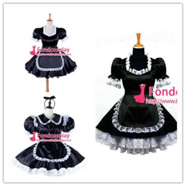 Sissy Maid Noir Satin Uniforme Verrouillable Robe Cosplay Costume pour Animation Exposition Plage Vacances Sexy Prom Night Dresses2668