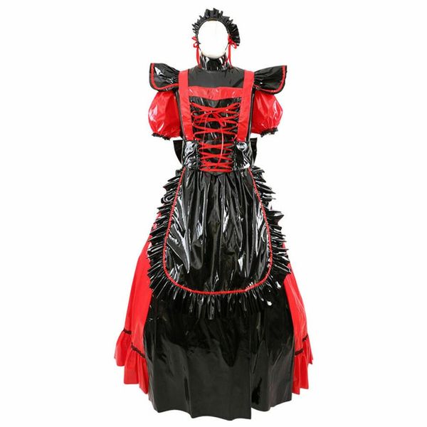 Sissy Maid PVC Rouge Robe Deux Façons Porter cosplay Manches Longues ou Courtes Gothique Costume235Q