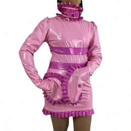 Sissy Sexy verrouillable Bodyc volants col haut Dr brillant PVC cuir Lg manches évasées coupe ajustée Cosplay fantaisie femme de chambre Dres d20b #