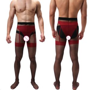 Sissy pantimedias sexis para hombre, medias de seda Gay, negras con rojo, sin entrepierna, medias transparentes para ropa interior masculina delgada, recién llegadas