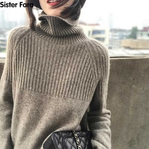 Zus Fara Nieuwe Lente Herfst Vrouw Sweater Turtleneck Pullovers Effen Gestreepte Koreaanse Top Knit Harajuku-kleding Beige Khaki X0721