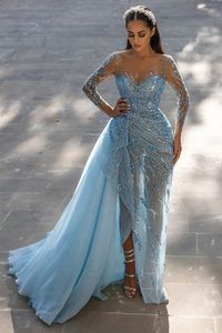 Ga zitten sexy side pailletten prom jurken met afneembare rok 2024 moderne lichte hemelsblauw lange mouwen charmante avondjurk glitter special ocn feestjurk