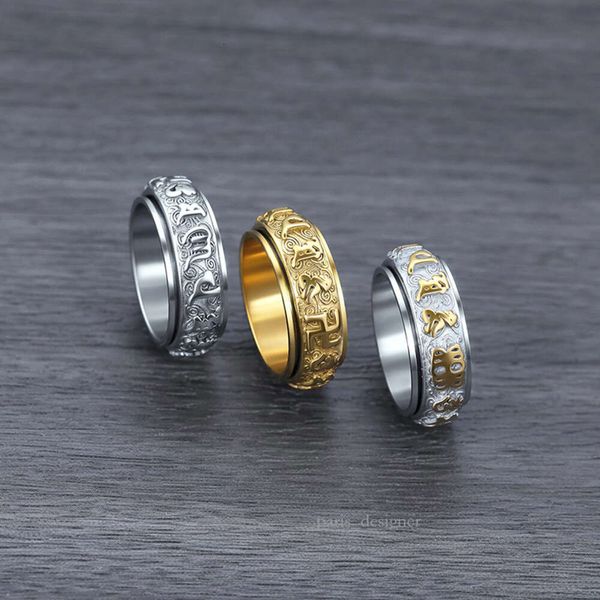 Bague pour hommes en acier titane rotatif Mantra à six caractères, niche de personnalité, bijoux en acier inoxydable, vente en gros, ne se décolore pas, rétro rotatif 605