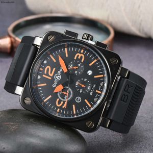 Zes naalden All Dial Work Sapphire Glasss Volledige functie Kalender Mens Watch Quartz Watch Bell Brown Leather Black Rubber Riem Ross 6 Hands