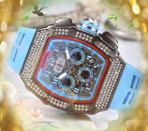 Zes naalden rubber riem horloge 43mm diamanten ring skelet wijzerplaat mode heren klok Hoge kwaliteit sport Japen Quartz chronograaf ster zakelijke horloges geschenken