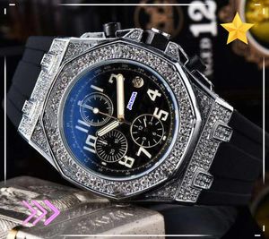 Zes stiches beroemde modeheren tijd horloges Auto date volledige functonal stopwatch klok Japan Quartz Movement Rubber Belt President Diamonds Ring Watch Gifts