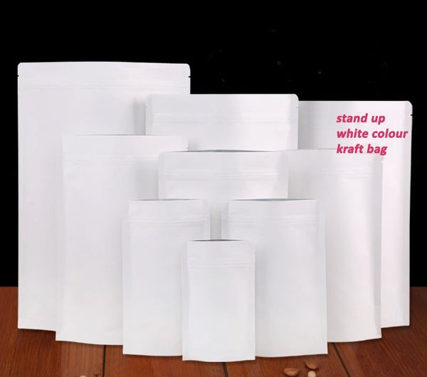taille 130 * 210mm 500pc Blanc Couleur Kraft papier sac stand up sac d'emballage pour loisirs emballage alimentaire snack / bonbons / thé / noix livraison gratuite par DHL