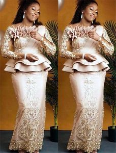 Maat 2021 Plus Arabisch Aso Ebi Champagne Lace Sexy Mother of Bride Dresses lange mouwen schede vintage prom avond formele feestjurken jurk zj355