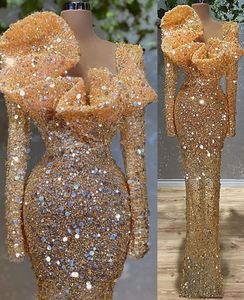 Maat 2022 plus Arabisch Aso Ebi Gold Sparkly Sheath Prom Dresses Lounded Lace Stijlvolle avond Formeel feest tweede receptie verjaardag jurken jurk zj224