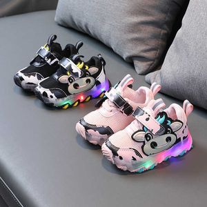 Size 21-30 Children LED Shoes for Boy Luminous Sneakers Cow Pattern Black Sneakers for Baby Girls Toddler Breathable Shoes H0917