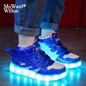 Maat 22-37 Kinderen LED-schoenen USB geladen gloeiende vleugels sneakers met lichte enige lichtgevende verlichte schoenen voor kinderen jongens meisjes G0114