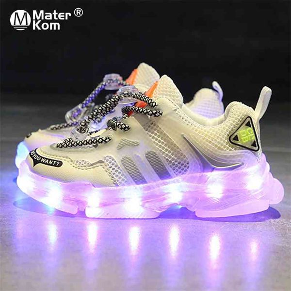 Tamaño 25-35 niños carga USB zapatos casuales brillantes niños transpirable Led Light Up zapatillas Unisex zapatillas luminosas para niñas 210329