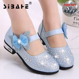 Taille 26-36 filles chaussures princesse fête de mariage enfant chaussures en cuir strass paillettes enfants rose nœud papillon chaussures à talons bas noël