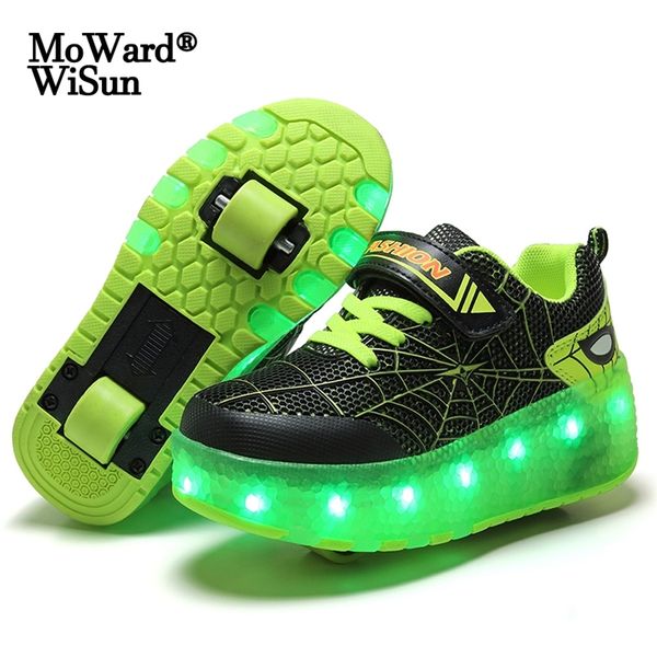 Tamaño 28-40 Kids Glowing LED Wheels Shoes para niños Luminous Roller Skate Shoes con luces USB Charged Children Shoes on Wheels 210312