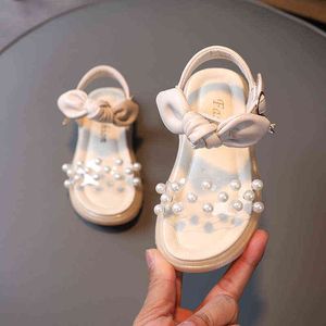 Taille 3-12 Enfants Summer Beach Sandales pour filles Mode Bowtie Enfants PrincessTransparent Perle Plate Petites Filles Chaussures Sandales G220523
