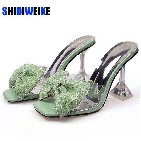 Talla 34-46 zapatillas de fiesta de verano moda tacones de reenvío de diez rianas verdes sandalias cuadradas cuadradas de punta abierta pvc zapatos transparentes diapositivas 220520