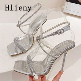 Taille 35-41 Sexy cristal strass sandales femmes été 2023 mode Transparent Perspex talons aiguilles Banquet chaussures or 0129