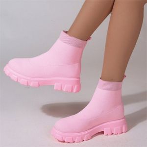 Maat 35-43 485 Vrouwen stretch stoffen bota's lente herfst schoenen platform ronde teen roze paarse dames laarzen zapatos mujer 230807 a