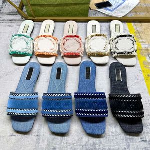 Maat 35-44 Men Slipper Interlocking G Cut Out Out Out Out Out Slippers Canvas Denim Blue Summer Glaasjes vrouwen buitenblok hak sandaal topkwaliteit ontwerper muilezels flops