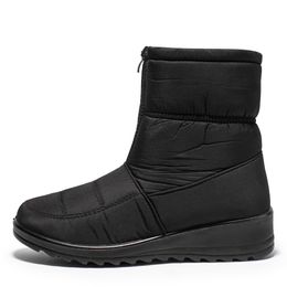 Envío gratis Tamaño 35-44 Botas de nieve impermeables Diseñador Negro Mujer Invierno Cálido Felpa Tobillo Botines Cremallera frontal Antideslizante Algodón Acolchado Zapatos al aire libre