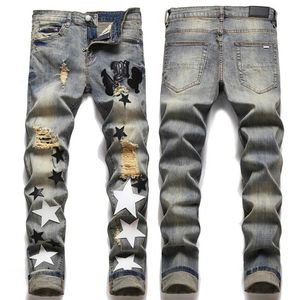 Maat 38 Heren Vintage Rip Jeans Patch Skinny Fit Geappliceerde Verf Splattered Art Distressed Jeans255Q
