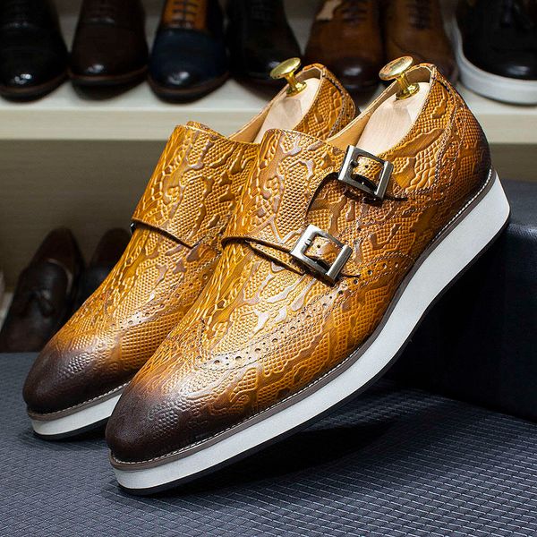 Taille 38 à 47 véritable cuir de vache hommes mocassins baskets motif serpent Wingtip Brogue moine sangle boucle plat chaussures décontractées