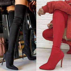 Taille 43 Sexy Sur Le Genou Bottes Femmes Talons Hauts Bottes Longues Dames Cuissardes Hiver Faux Daim Mince Bout Pointu Femme Chaussures Y220817