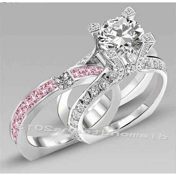 Tamaño 5-10 Joyería de lujo 10kt oro blanco relleno Pink Cubic Zirconia Mujeres Boda Anillo de compromiso conjunto regalo choucong