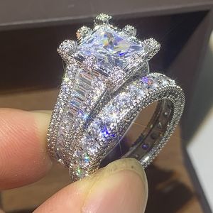 Taille 5-10 Vintage Fine Jewelry 925 Sterling Silver Princess Cut Large White Topaz Pave CZ Diamond Gemstones Couple Women Bridal Ring Set