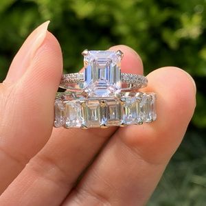 Maat 5-10 Trouwringen Luxe Sieraden Real 925 Sterling Zilveren Emerlad Cut White Topaz CZ Diamond edelstenen Eternity Women Engagement Paar Bridal Ring Set Gift