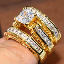 Tamaño 5-11 Joyería de moda brillante Cuadrado 14KT Oro amarillo lleno Princesa Corte Topacio blanco Piedras preciosas CZ Diamante Mujeres Weddi324v