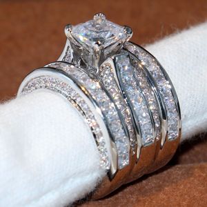 Tamanho 5-12 Jóias de luxo brilhantes Top 925 Anel de casamento de prata esterlina Corte princesa 3 em 1 Topázio branco CZ Diamante Conjunto de anel feminino para presente