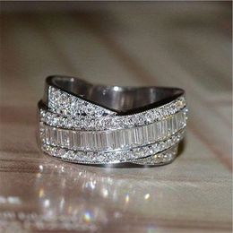 Maat 6-10 Handgemaakte Heet Verkopen Luxe Sieraden 925 Sterling Zilveren Prinses Cut White Topaz CZ Diamond Cross Ring Birthstone Dames Trouwring