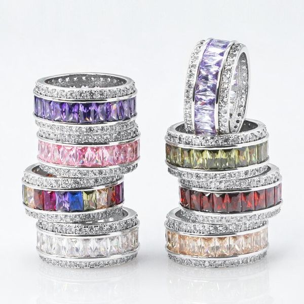 Tamaño 6-10 joyería esterlina Sier princesa corte multicolor Cz diamante amatista piedras preciosas mujeres boda círculo banda anillo regalo