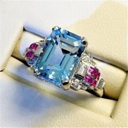 Maat 6-10 Top Verkoop Luxe Sieraden 925 Sterling Zilver Aquamarijn CZ Diamant Edelstenen Ruby Party Vrouwen Wedding Engagement band Ring Gift