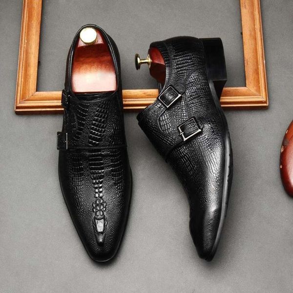 Tamaño 6 a 12 Vestido para hombre Cuero genuino Doble hebilla Monje Correa Zapatos para hombre Estampado de serpiente Punta puntera Zapato Oxford italiano clásico