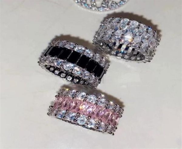 Tamaño 610 Joyería de lujo Anillos de boda Ins Venta superior Plata de ley 925 3 Estilo Princesa Corte Negro Zafiro CZ Diamante Piedras preciosas E7216124