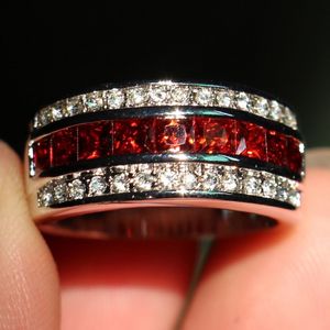 Maat 8-12 Mode-sieraden Antieke sieraden Mannen Granaat Diamonique Cz Diamant Edelsteen 10KT Wit Goud Gevulde Trouwring Ring cadeau 191V
