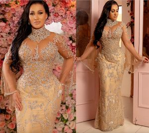 Grootte Arabisch plus aso ebi Gold Luxe Mermaid Prom Dresses Lace kralen kristallen Lange mouwen Evening Formele feest tweede receptie jurken