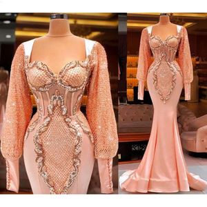 Taille arabe plus aso ebi sirène luxueuse robes de bal sexy pêche rose en dentelle à manches longues du soir de la soirée formelle deuxième robe de réception robe