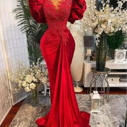 Taille arabe plus Aso Ebi rouge sirène dentelle robes de bal perlée col transparent Veet soirée formelle fête deuxième réception robes robe