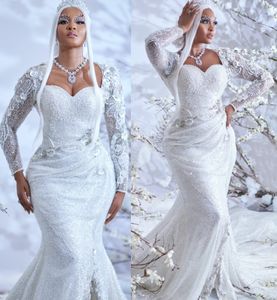 Grootte Arabisch plus aso ebi witte sprankelende zeemeermin trouwjurk kanten luxueuze bruidsjurken jurken zj es