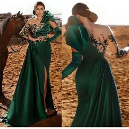 Grootte Aso Ebi Arabisch plus groene zeemeermin kant prom jurken kralen pure nek hoge split avond formeel feest tweede receptie jurken zj463