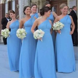 Maat blauw plus bruidsmeisje jurken chiffon vloer lengte een schouder mouwloze op maat gemaakte bruidsmeisje jurk strand bruiloft feestvestidos 401